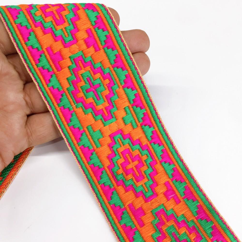 58 mm Designer Geometrical ColourFul Jacquard Ribbon, shown on white cotton