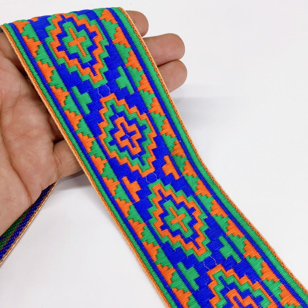 58 mm Designer Geometrical ColourFul Jacquard Ribbon, shown on white cotton