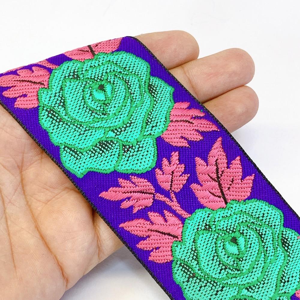 58 mm Rose Design Colourful Jacquard Ribbon in Turquoise