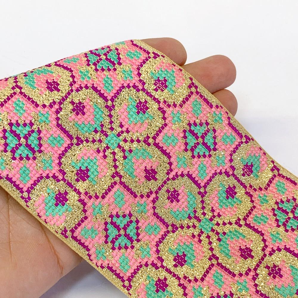 88 mm Designer Cross stitch Jacquard Ribbon, shown on white cotton