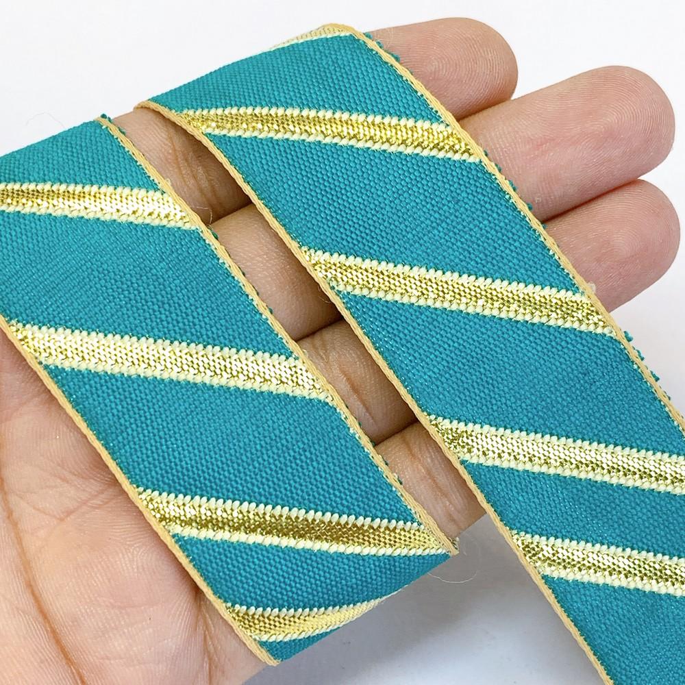 25mm Designer Jacquard Ribbon With Zari Threads, shown on white cotton