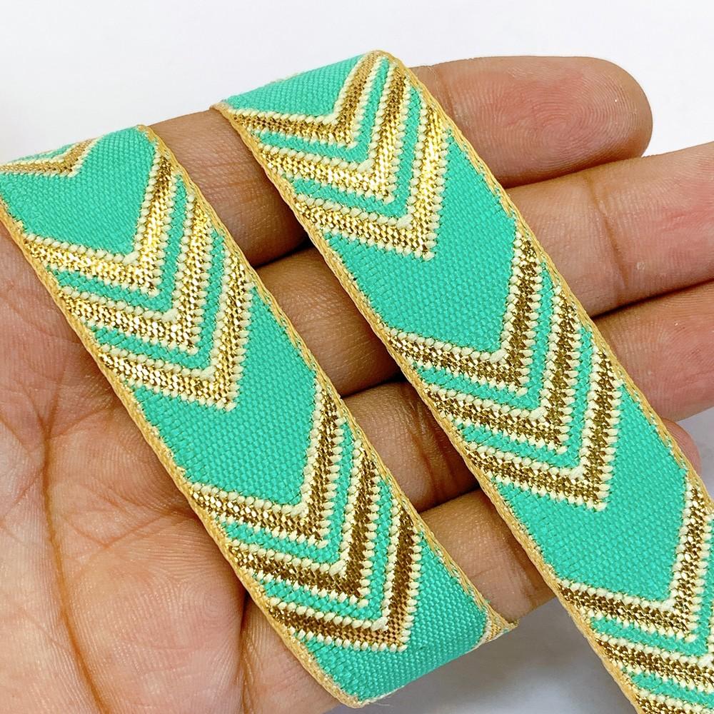 20mm Designer Jacquard Ribbon With Zari Threads, shown on white cotton