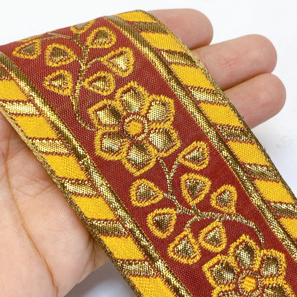 64 mm Designer Gotta Meena Jacquard Ribbons, shown on white cotton