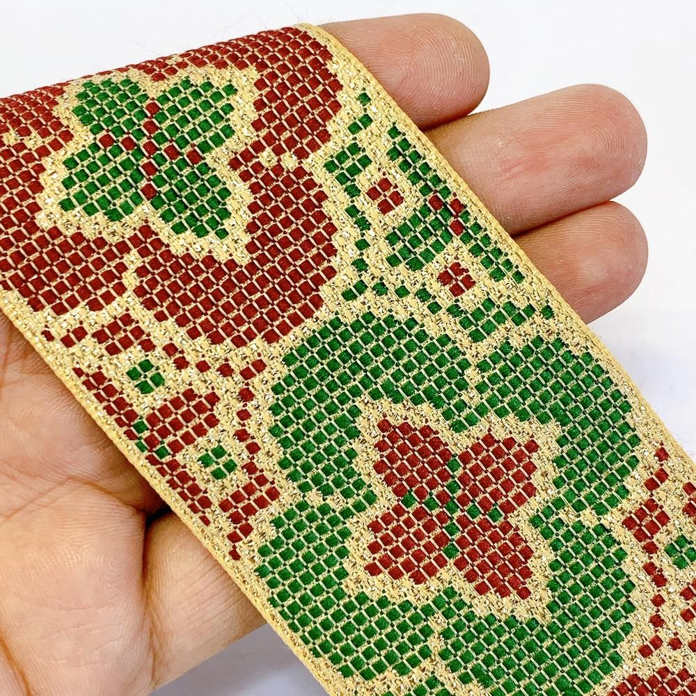 55mm Designer Cross stitch Jacquard Ribbon, shown on white cotton