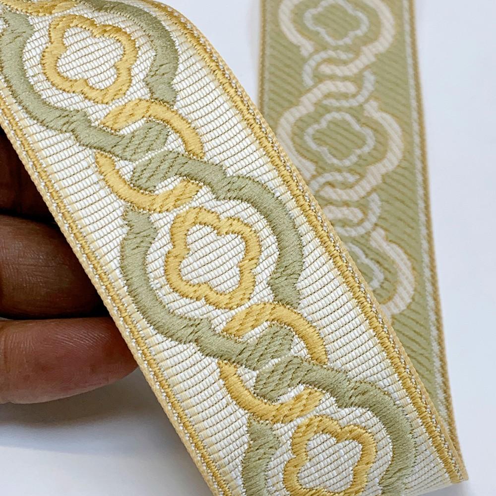 40mm Elegant Tapestry Tape with Geometric Chain Pattern, shown on white cotton