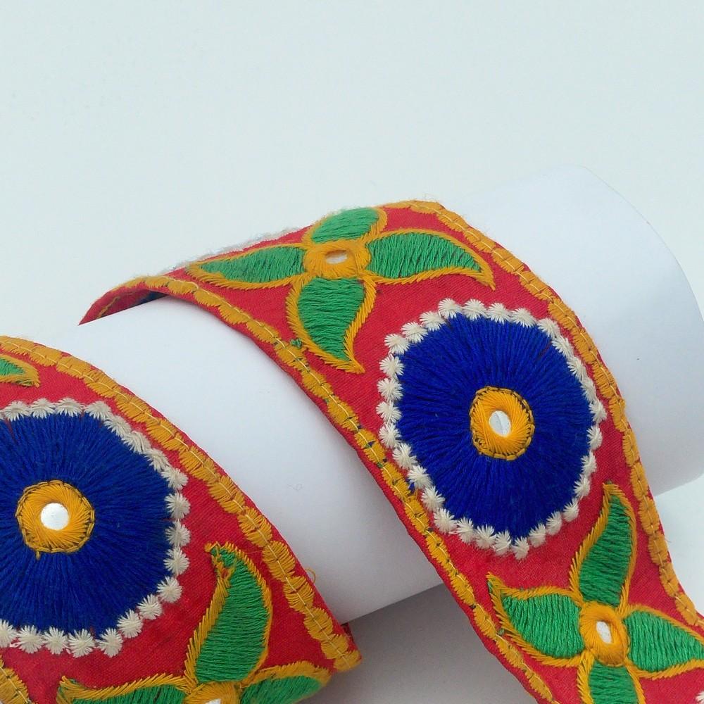 60mm Traditional Multicolor Embroidered Lace, shown on white cotton