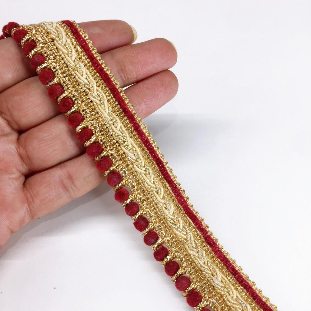 25mm Traditional Multicolor Beaded Pom Pom Crochet Trim, shown on white cotton