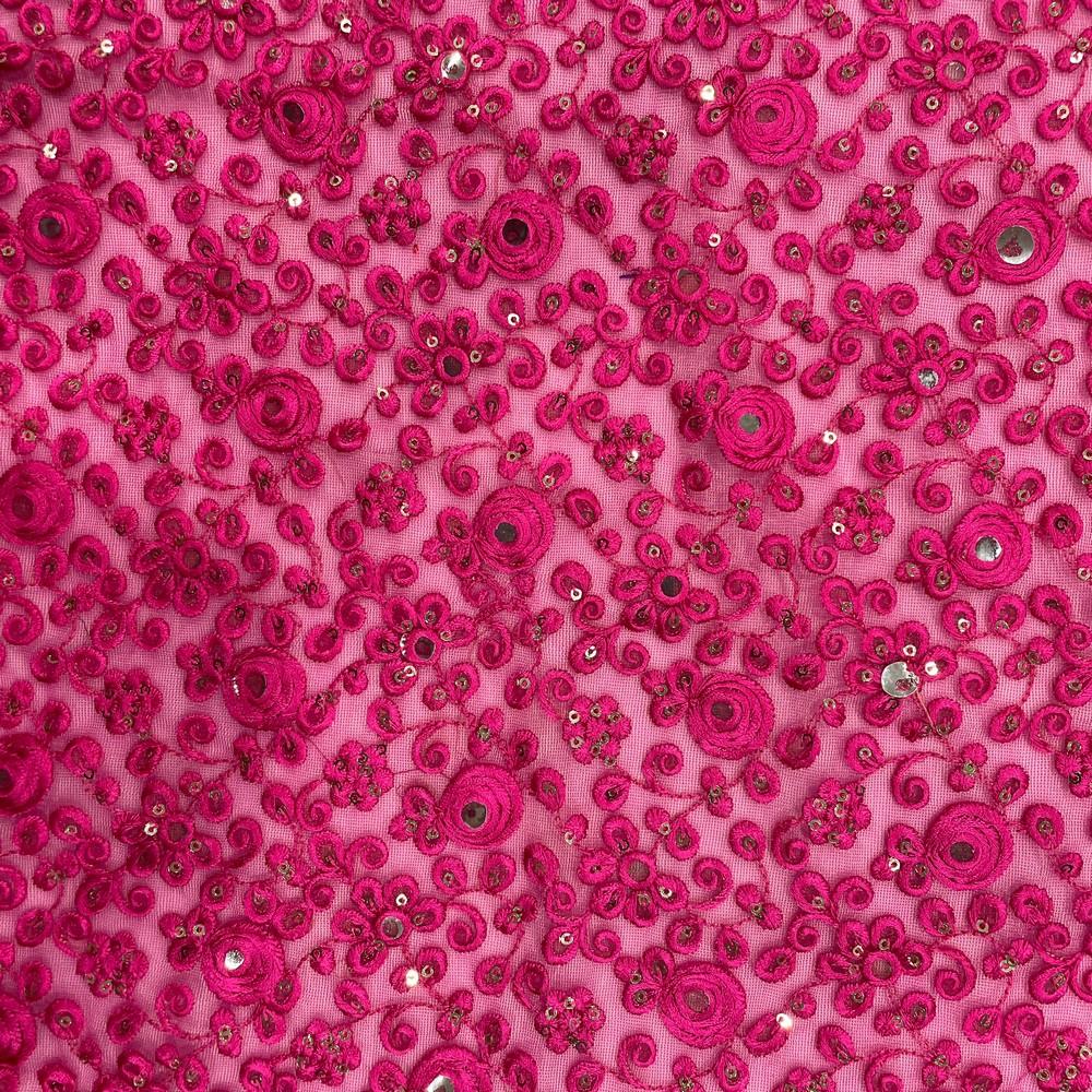 Floral Sequin Embroidery on Net Fabric 38" Width, shown on white cotton
