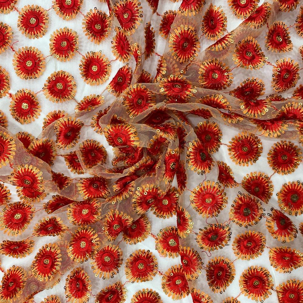 Red and Gold Sequin Circular Embroidery on Net Fabric 38" Width, shown on white cotton
