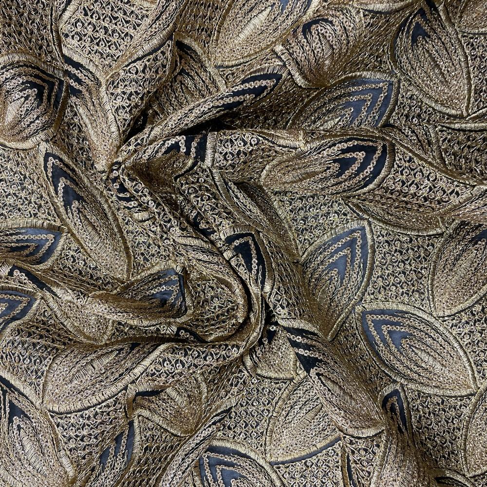 Metallic Leaf Motif Embroidery on Black Dupion Fabric 38" Width, shown on white cotton