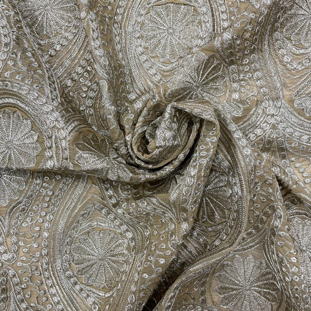 Metallic Silver Embroidered Floral Design on Beige Dupion 38" Width, shown on white cotton