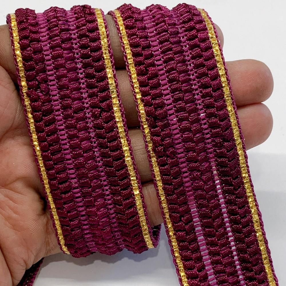 30mm Designer Braided Ribbon Trim with Metallic Gold Edge, shown on white cotton