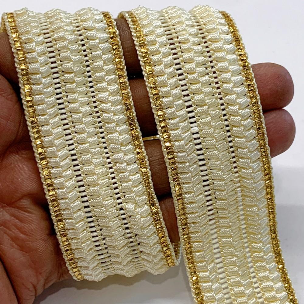 30mm Designer Braided Ribbon Trim with Metallic Gold Edge, shown on white cotton