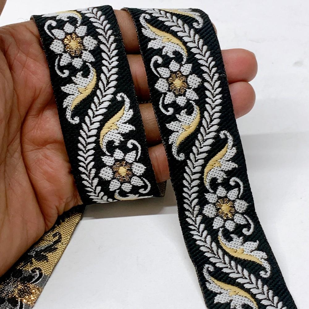 32mm & Gold Jacquard Border with Paisley Design, shown on white cotton