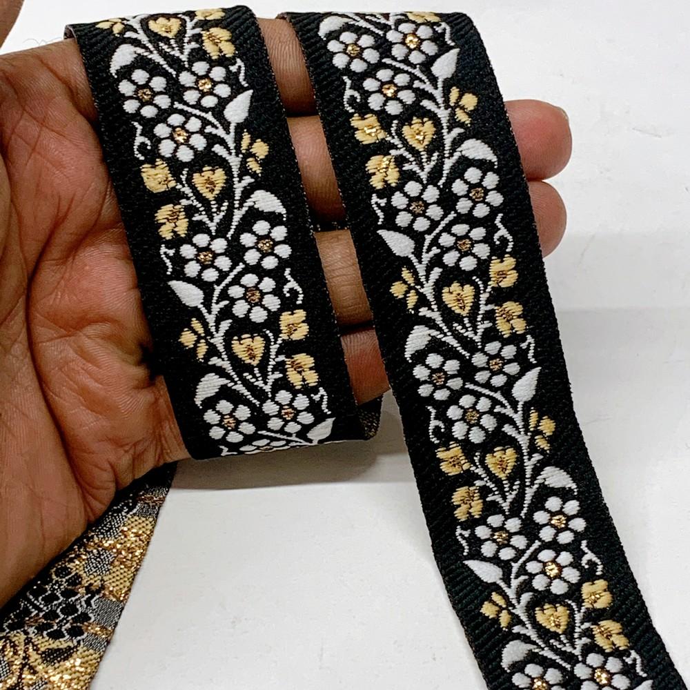 32mm & Gold Jacquard Border with Paisley Design, shown on white cotton