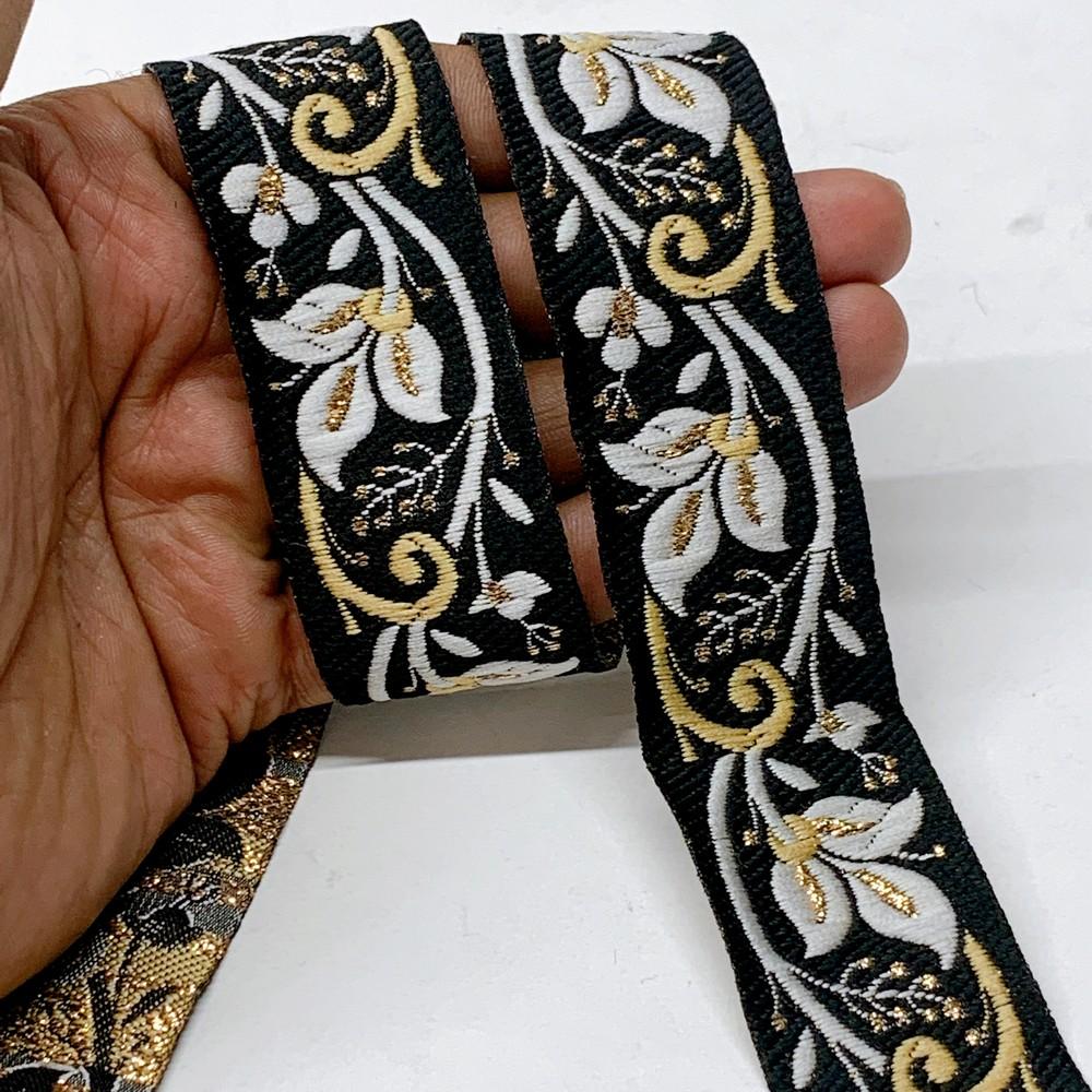 32mm & Gold Jacquard Border with Paisley Design, shown on white cotton