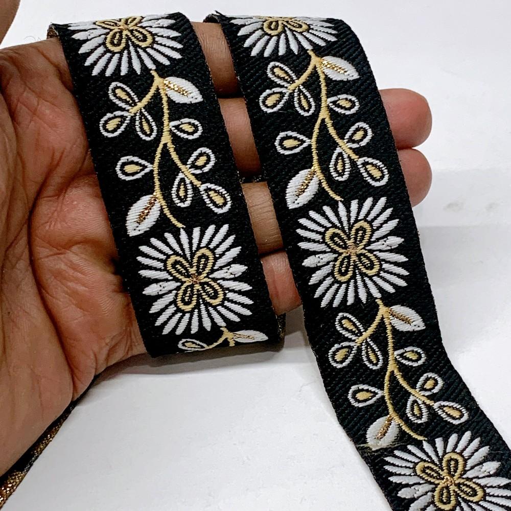 32mm & Gold Jacquard Border with Paisley Design, shown on white cotton