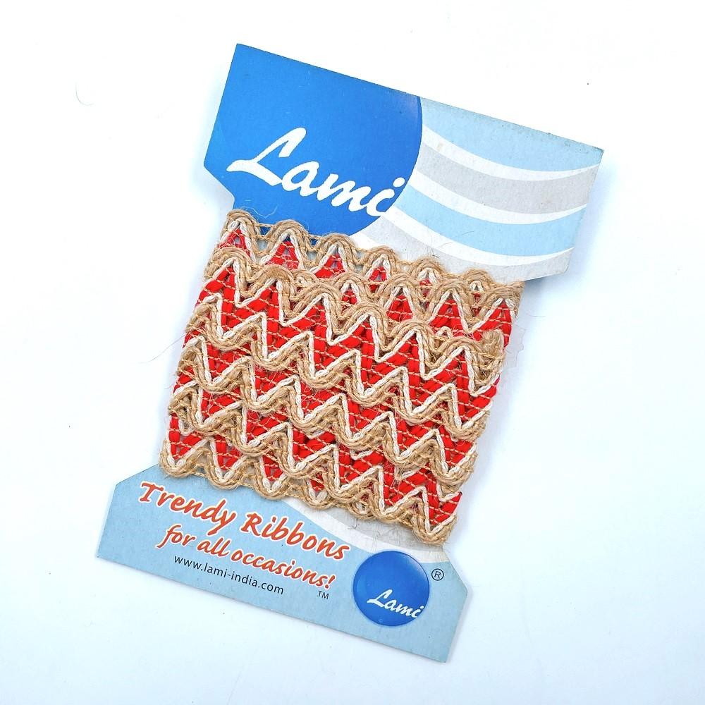 24mm Jute Lace Trim with Red Thread Work – 1 Meter Pack, shown on white cotton