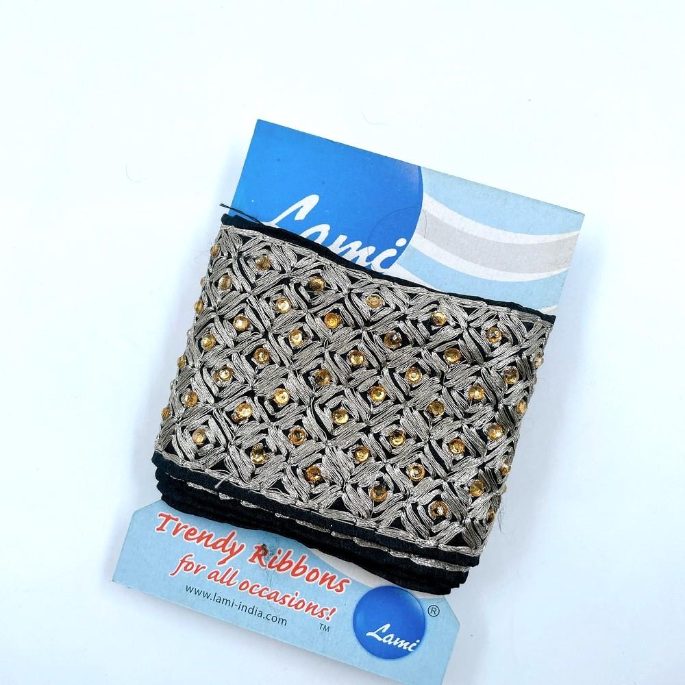 62mm Designer Silver Zari Embroidered Lace with Gold Stone Work – 1 Meter Pack, shown on white cotton