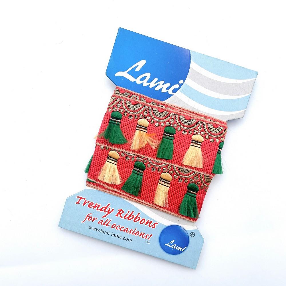 30mm Traditional Jacquard Tassel Design Ribbon – Red with Green & Gold Accents – 1 Meter Pack, shown on white cotton