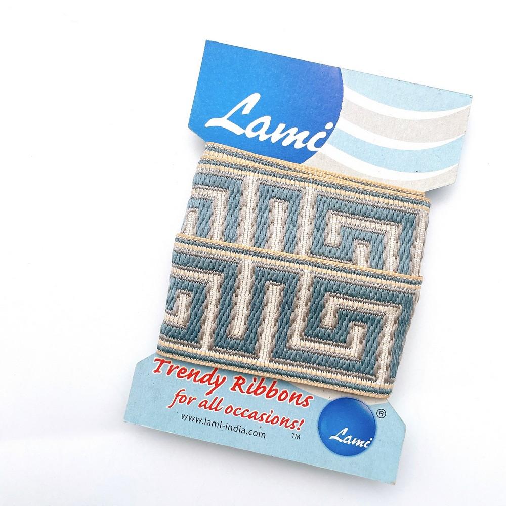 40mm Classic Maze Pattern Jacquard Ribbon – Beige & Blue Tones – 1 Meter Pack, shown on white cotton