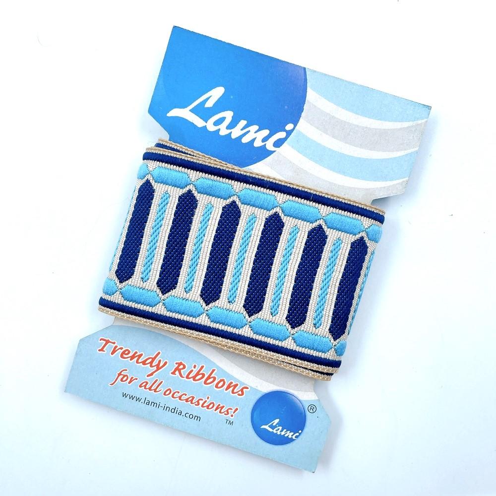 55mm Bold Striped Jacquard Ribbon – Navy, Sky Blue & Cream Woven Design – 1 Meter Pack, shown on white cotton