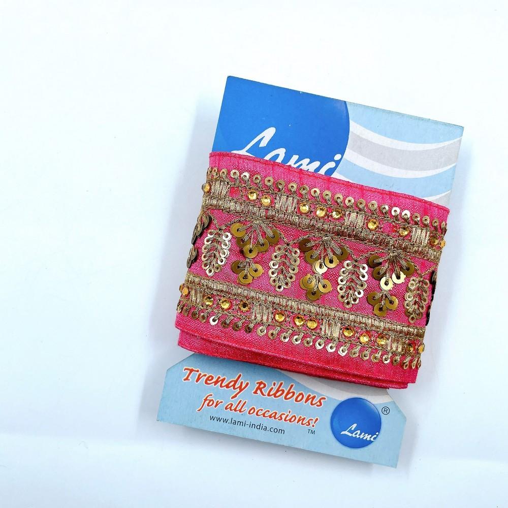 65mm Festive Pink Embroidered Ribbon – Sequin & Zari Leaf Design – 1 Meter Pack, shown on white cotton