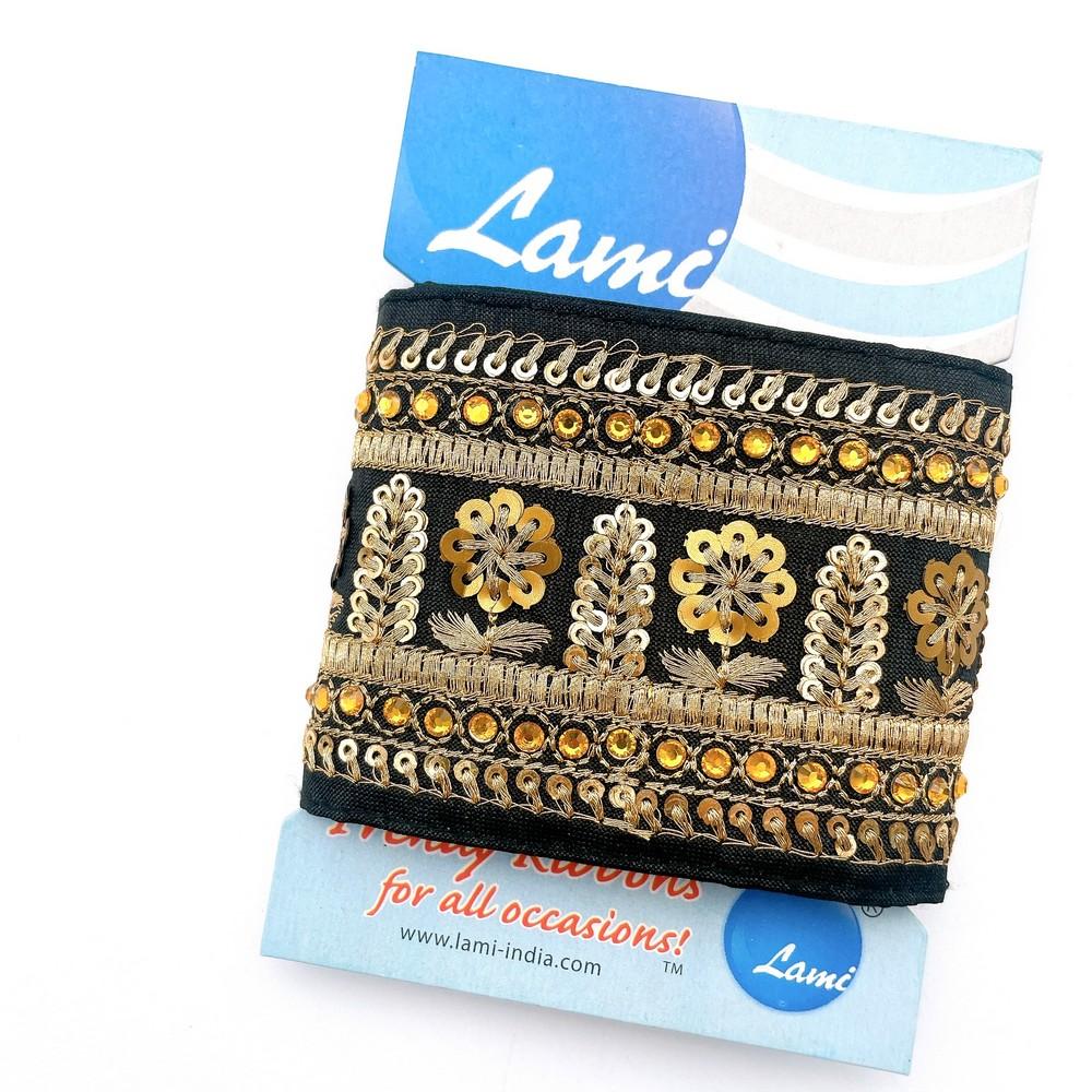 72mm Elegant Black Embroidered Ribbon – Floral Motif with Sequins & Stones – 1 Meter Pack, shown on white cotton