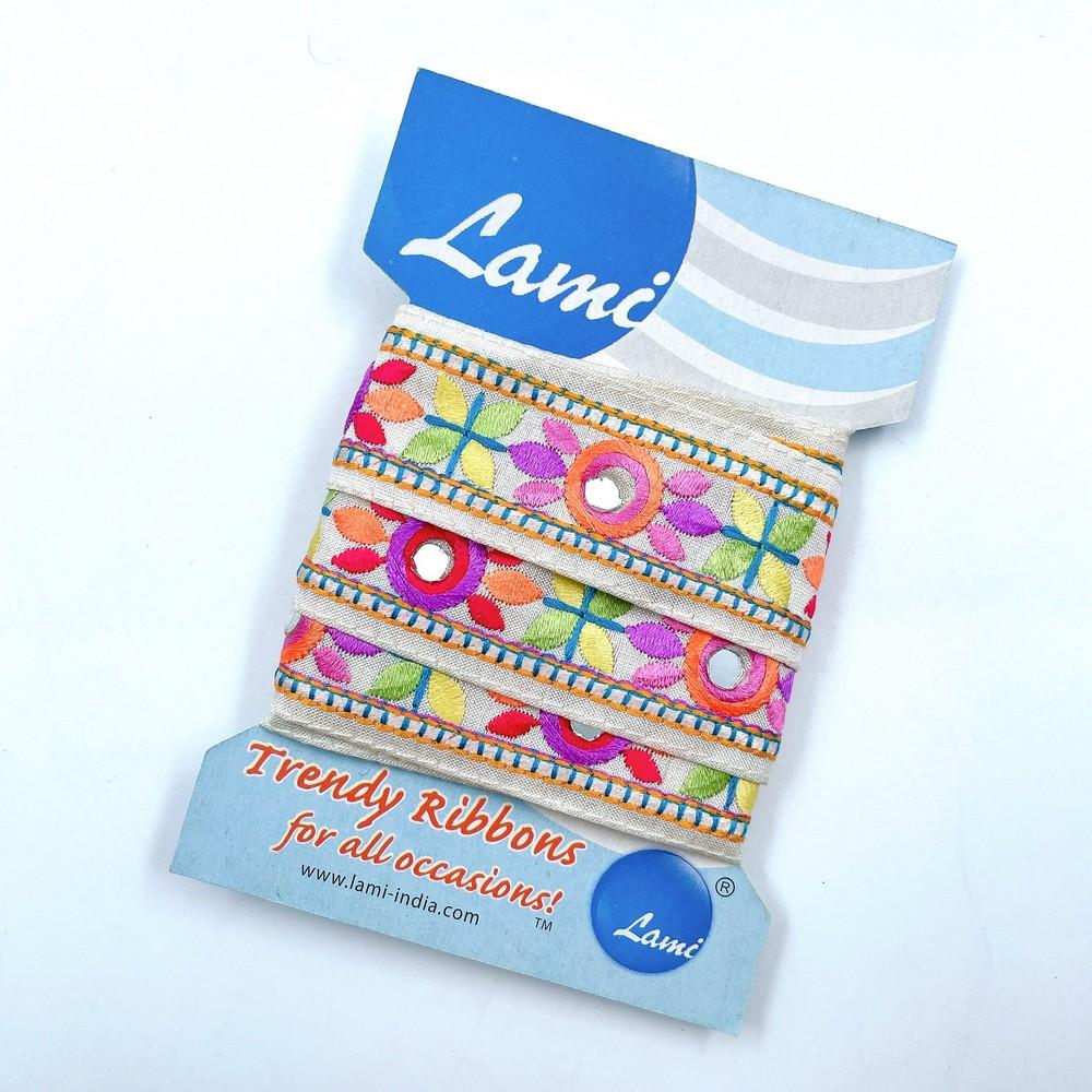 30mm Colorful Mirror Work Floral Embroidery Trim – 1 Meter Pack, shown on white cotton