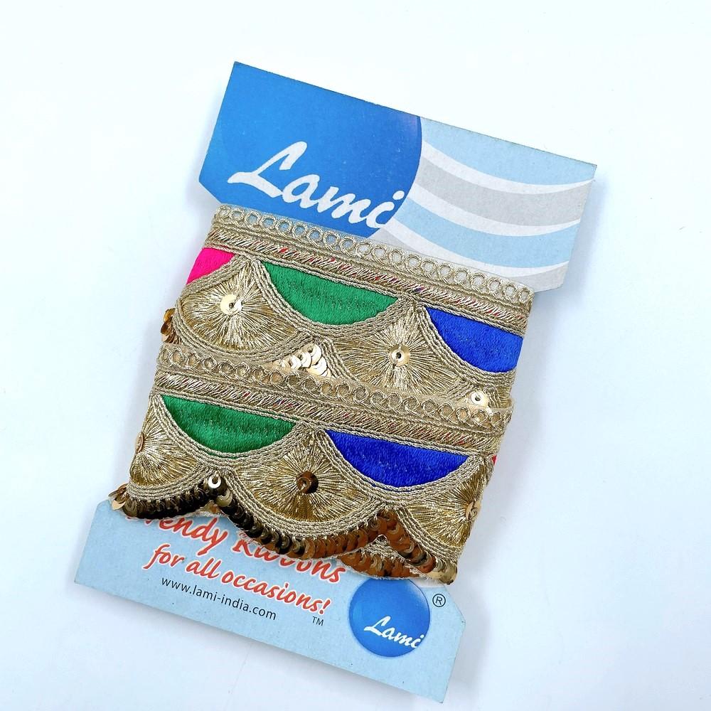 40mm Scalloped Multicolor Brocade Lace – 1 Meter Pack, shown on white cotton