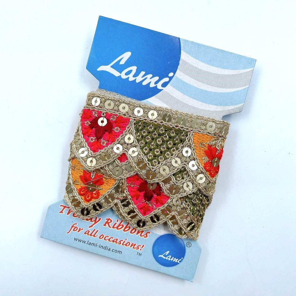 40mm Sequin Embroidered Gota Lace – 1 Meter Pack, shown on white cotton