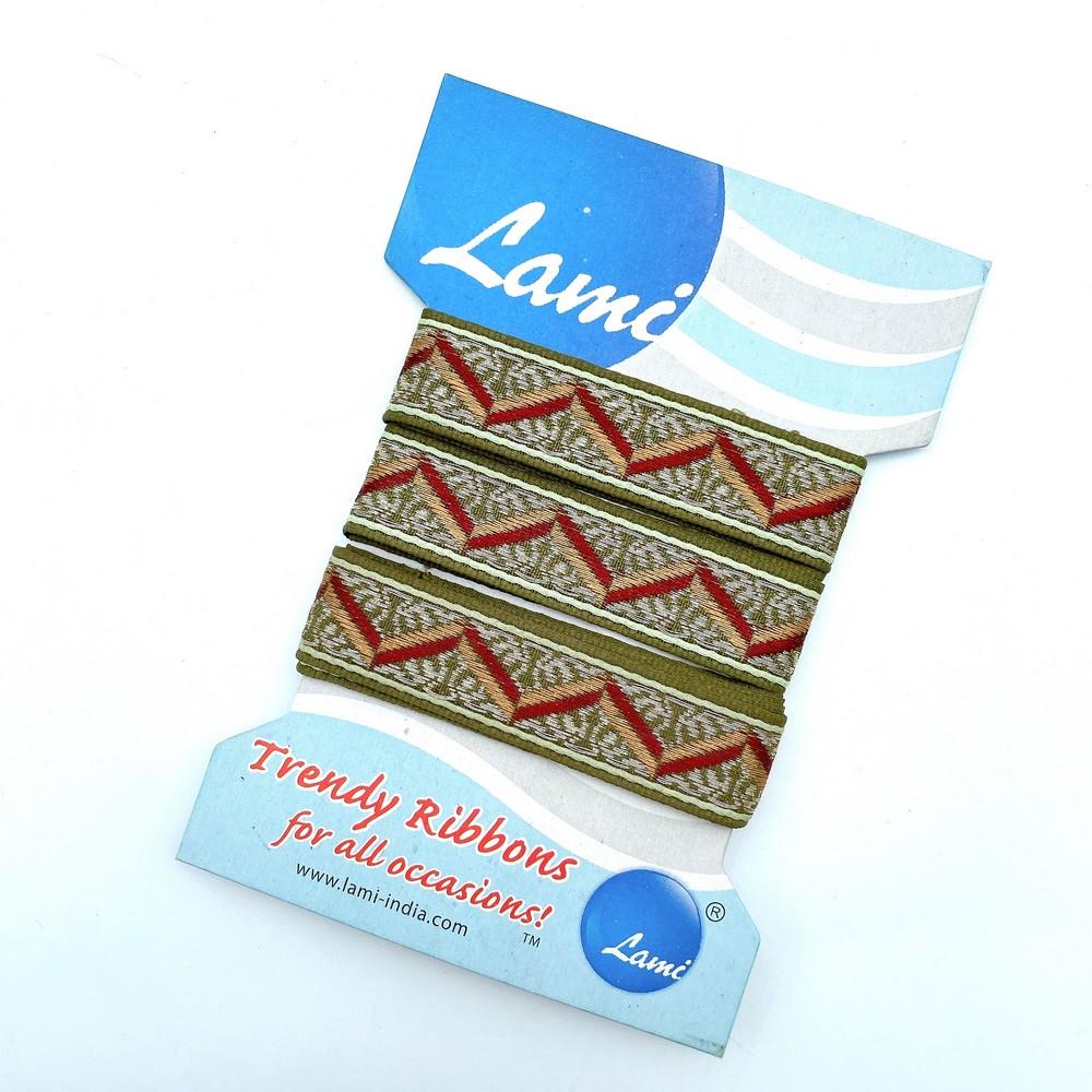 16mm Chevron Pattern Olive Green Jacquard Ribbon Trim, shown on white cotton