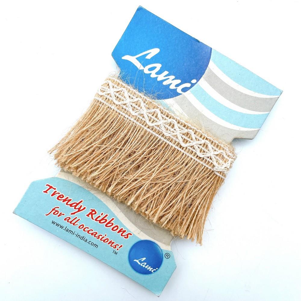 50mm Jute Fringe Lace with White Top Design, shown on white cotton