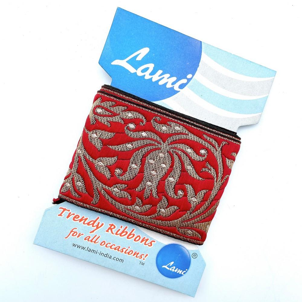 58mm Brocade Embroidered Border with Gold Threadwork, shown on white cotton