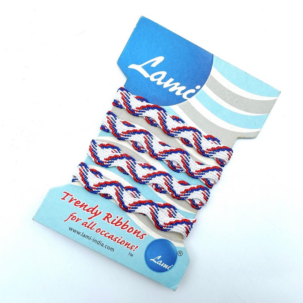 08mm Tricolor Zigzag Woven Trim, shown on white cotton