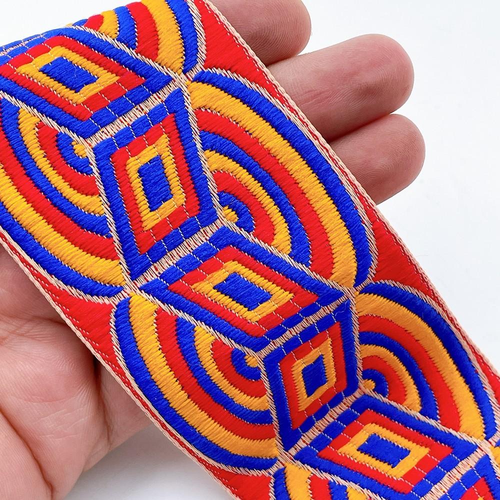 58mm Geometric Jacquard Ribbon Lace for Garments, Craft & Decoration, shown on white cotton