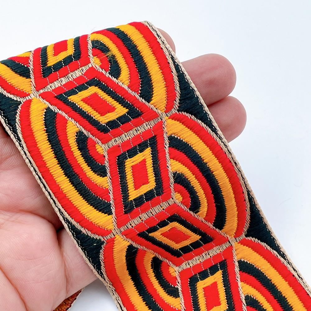 58mm Geometric Jacquard Ribbon Lace for Garments, Craft & Decoration, shown on white cotton