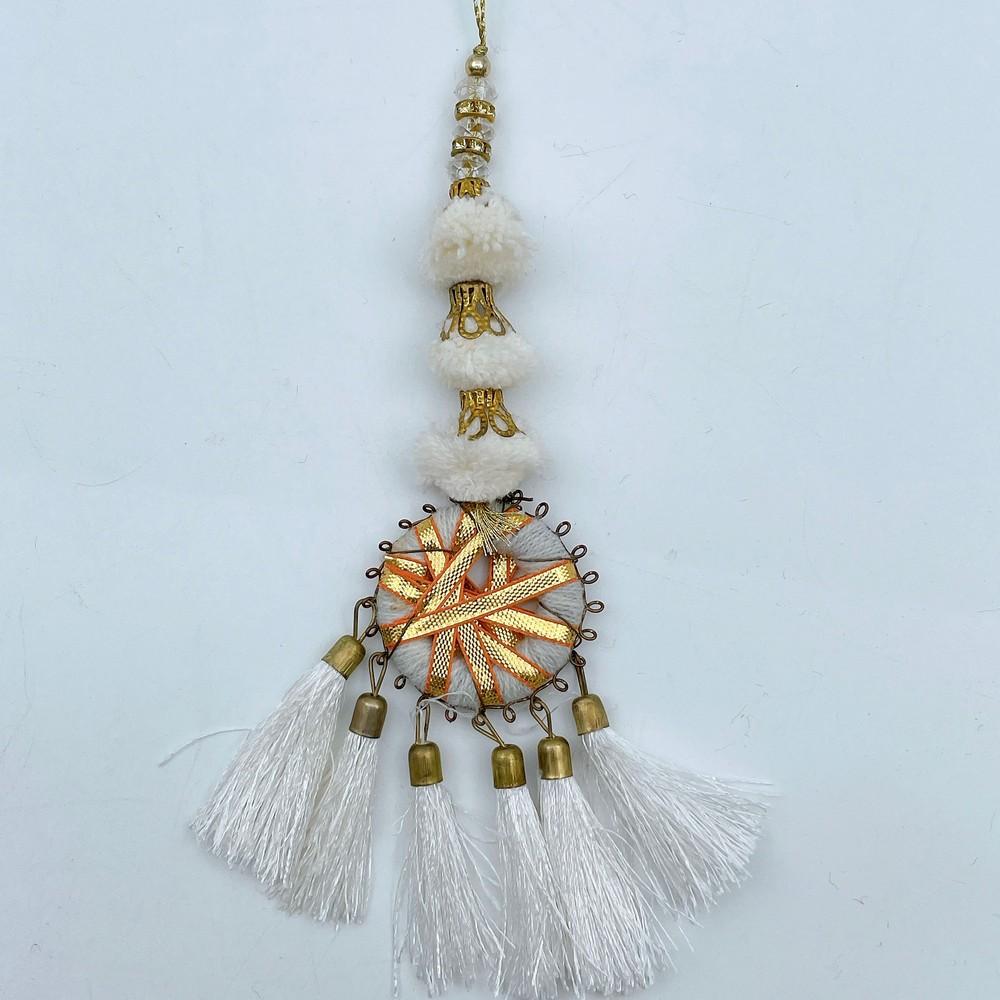 Pom-Pom Latkan with Golden Accents (Pack of 02), shown on white cotton