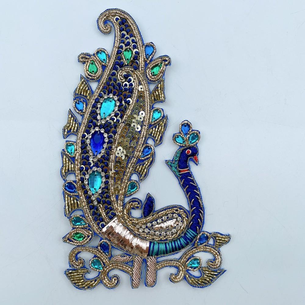 Royal Peacock Embroidered Patch with Stones (Pack of 1), shown on white cotton