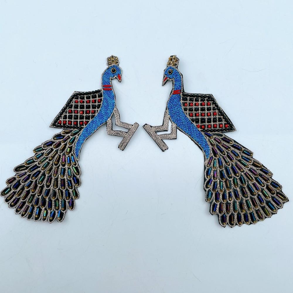 Embroidered and Stone Work Peacock Patches (Pack of 2), shown on white cotton