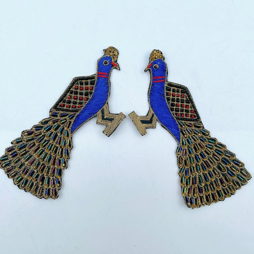 Embroidered and Stone Work Peacock Patches (Pack of 2), shown on white cotton