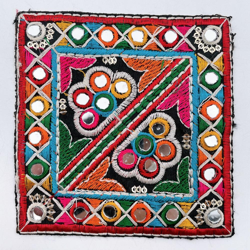 Square Kutch Embroidery Patch with Mirror Work (Pack of 02), shown on white cotton