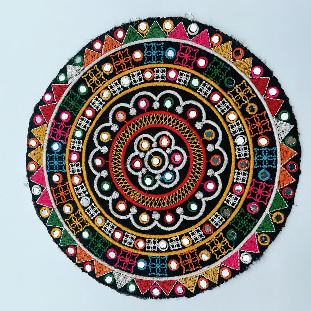 Round Kutch Patch with Colorful Mirror Embroidery (Pack of 02), shown on white cotton