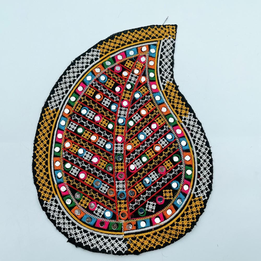Leaf Design Kutch Embroidery Patch with Mirrors (Pack of 02), shown on white cotton