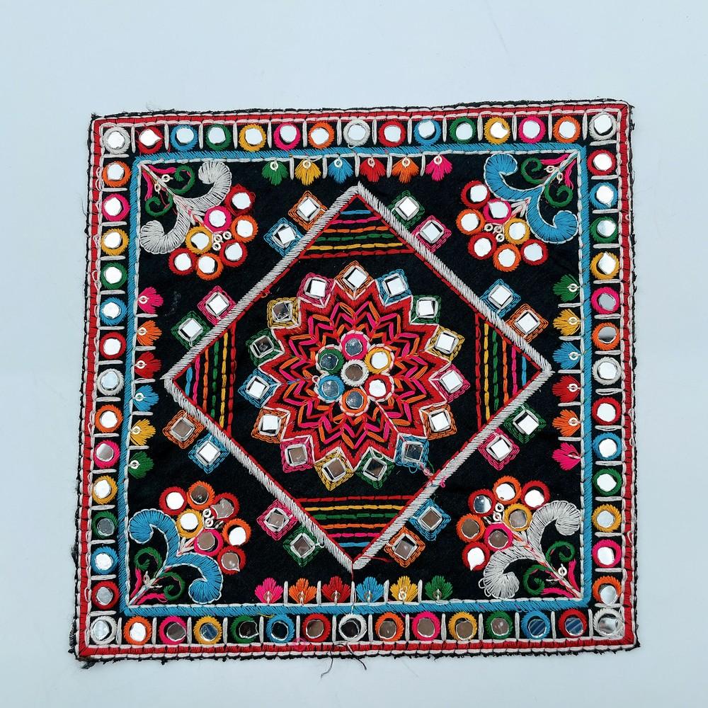 Floral Square Kutch Patch with Mirror Work (Pack of 02), shown on white cotton