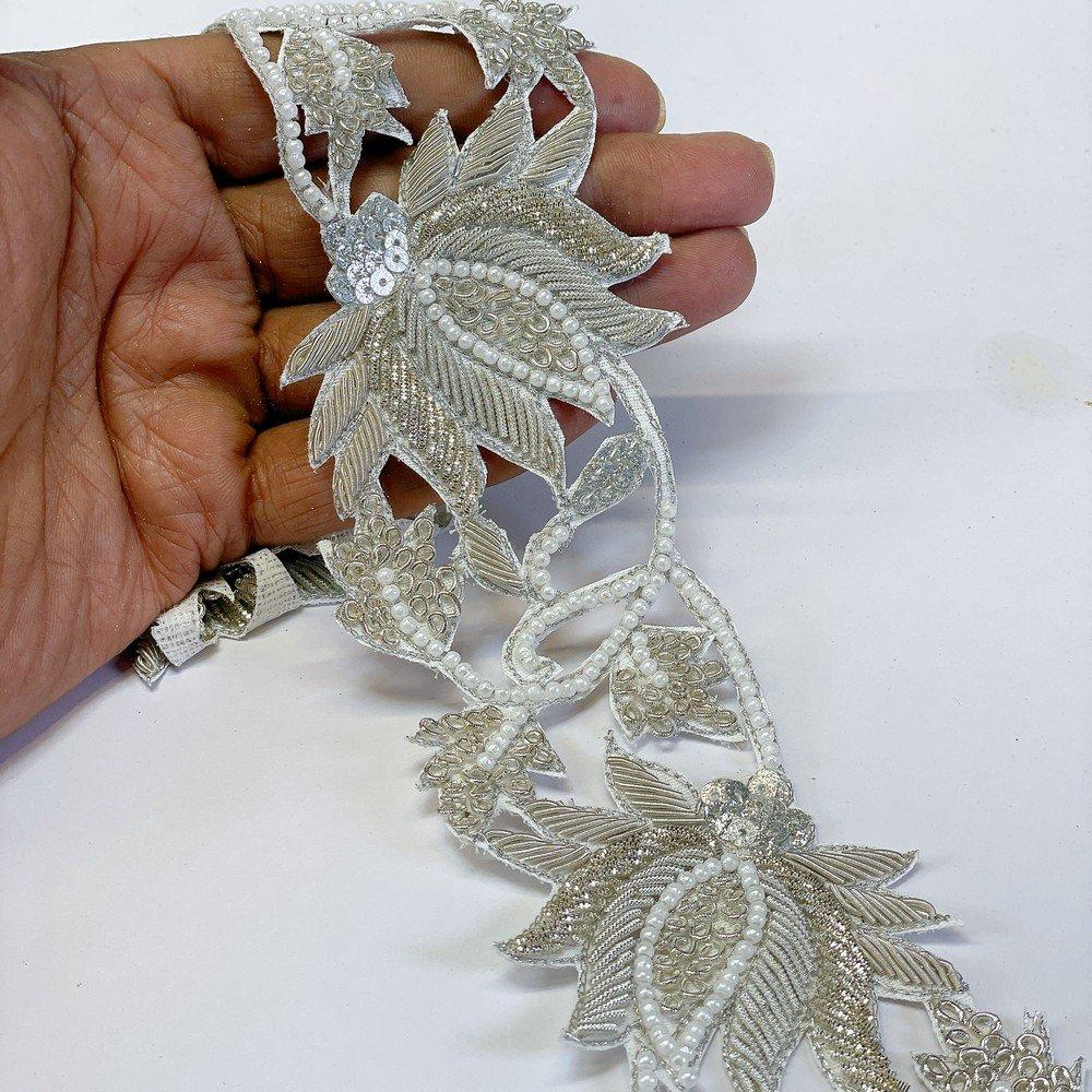 Embroidery Cutwork Border with Jardozi and Sequins Work – Designer Lace for Sarees, Lehengas & Dresses, shown on white cotton
