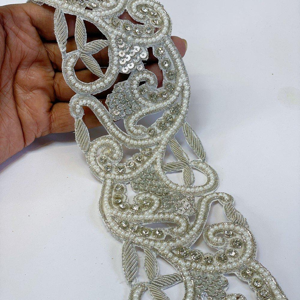 Embroidery Cutwork Border with Jardozi, Stones & Sequins Work – Luxury Lace for Sarees, Lehengas & Dresses, shown on white cotton