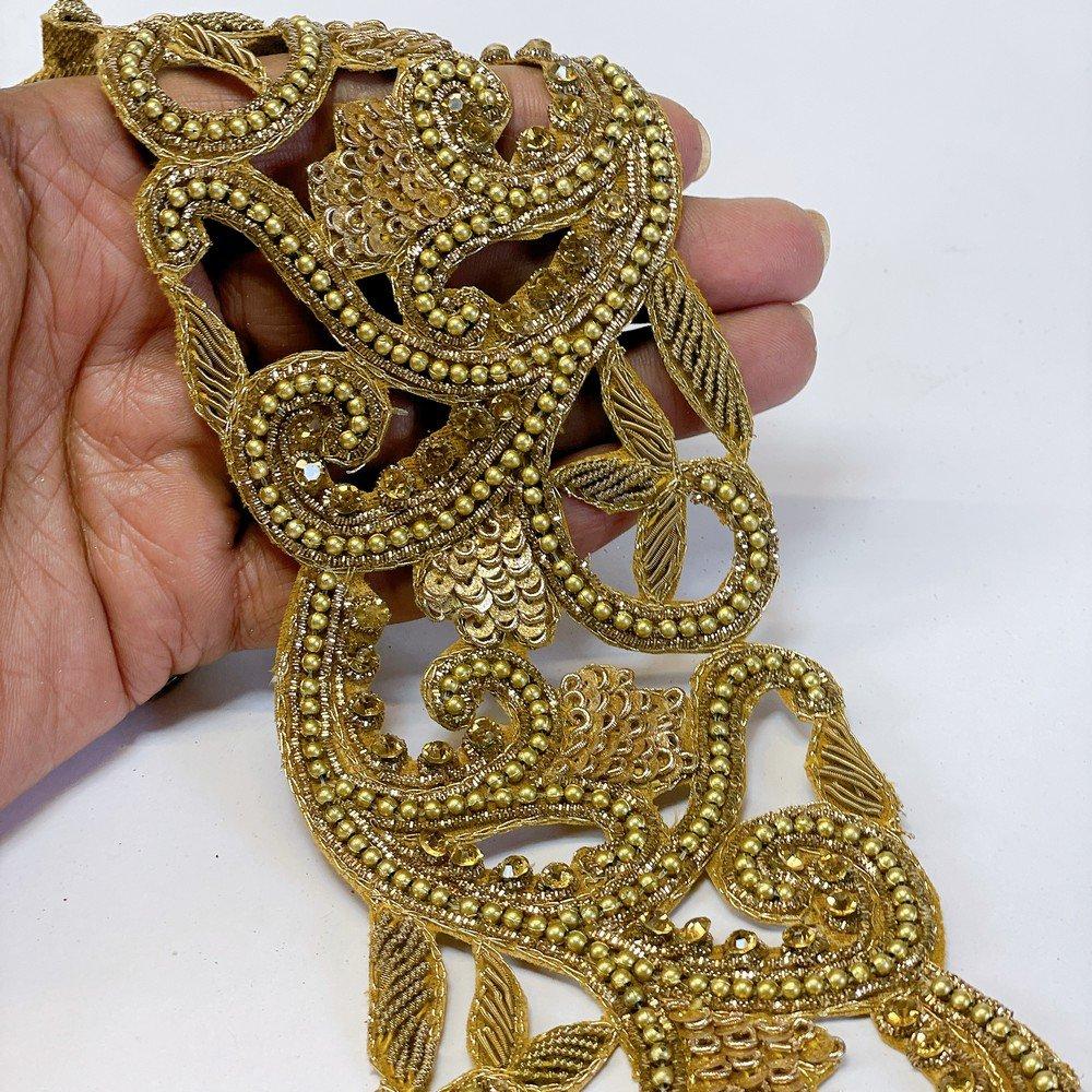 Embroidery Cutwork Border with Jardozi, Stones & Sequins Work – Luxury Lace for Sarees, Lehengas & Dresses, shown on white cotton