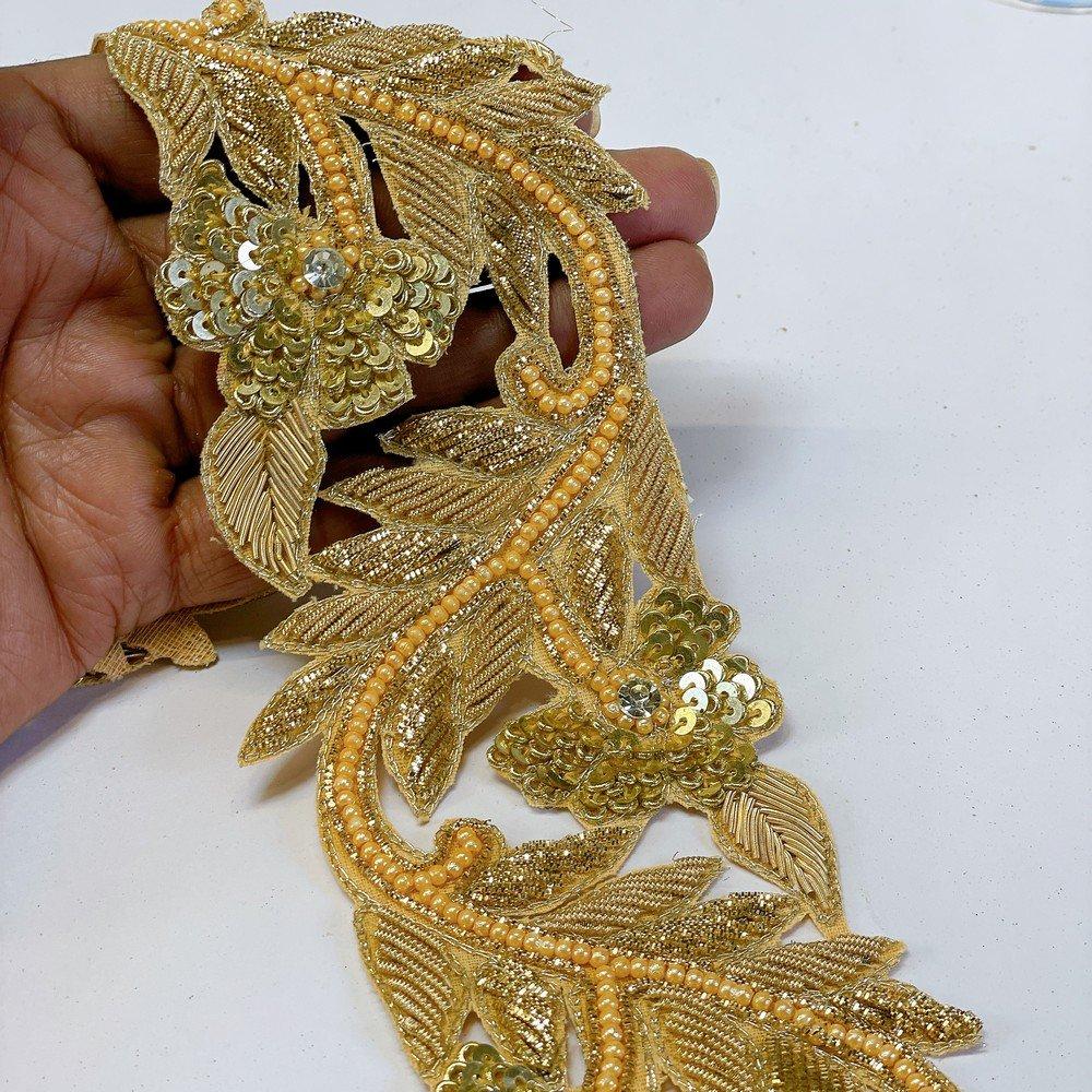 Embroidery Cutwork Border with Jardozi, Sequins & Stone Work – Designer Lace for Sarees, Dupattas & Lehengas, shown on white cotton