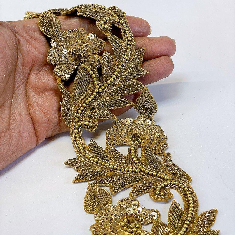 Embroidery Cutwork Border with Jardozi, Sequins & Stone Work – Designer Lace for Sarees, Dupattas & Lehengas, shown on white cotton